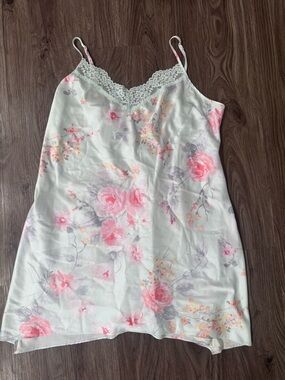 Apt. 9 Cream Satin Chemise with Pink Floral Print and Lace Trim